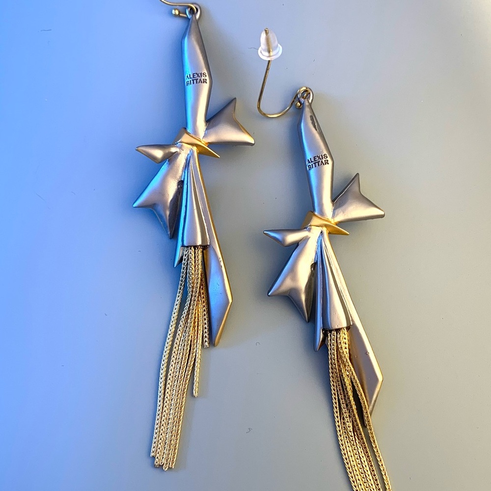 ALEXIS BITTAR • Origami Crystal Bow Fringe Drop Matte Silver Statement Earrings - Picture 10 of 13
